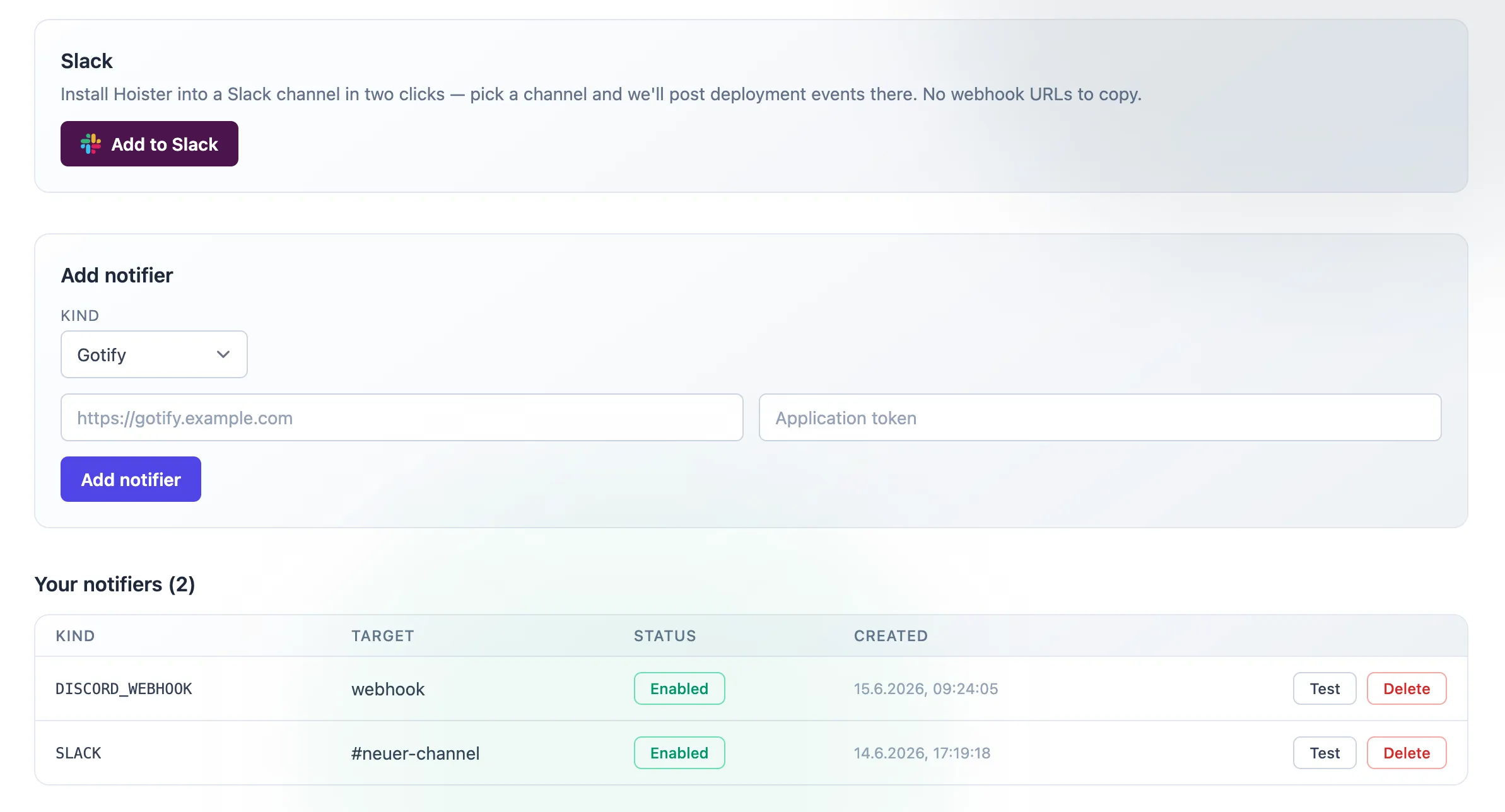 Notifiers page with the Add to Slack button, an add-notifier form and a table of configured notifiers